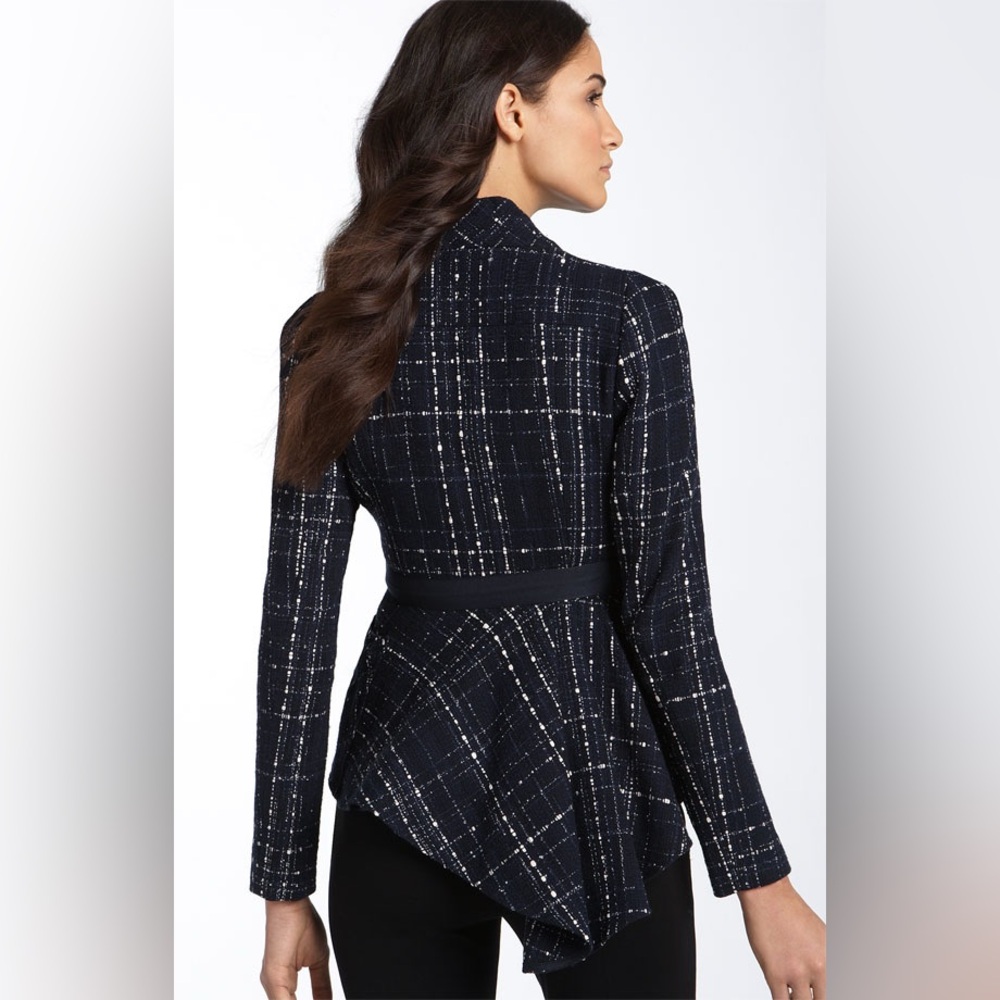 Nanette Lepore Maddalena Tweed Blue Blazer Belted Mermaid Asymmetric Size 4 Navy - Picture 2 of 10